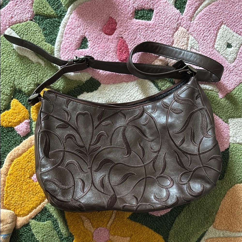 Embroidered Slouched Brown Shoulder Bag